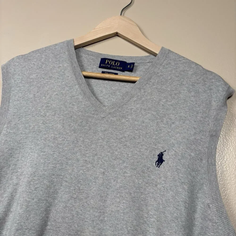Polo Ralph Laure Mens XL Gray Pima Cotton Sweater Vest V-Neck Classic Preppy